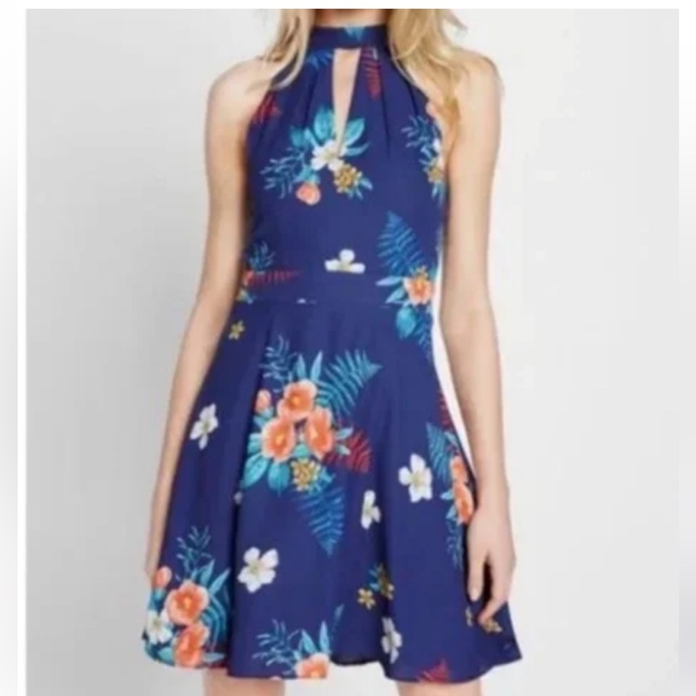 Navy blue floral high neck fit and flare dress